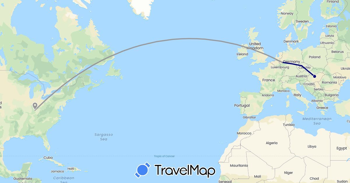 TravelMap itinerary: driving, plane in Czech Republic, Germany, Hungary, United States (Europe, North America)